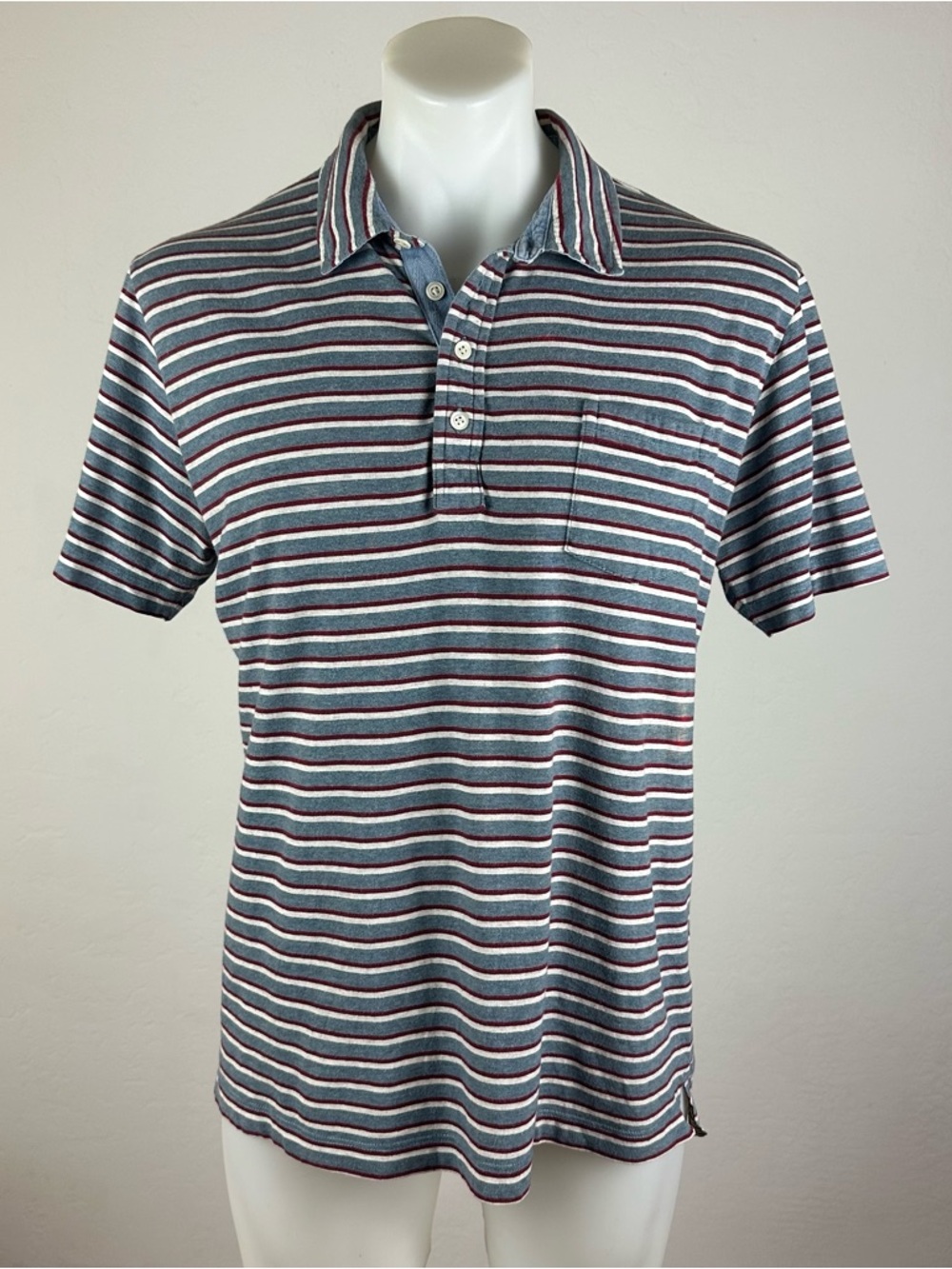 Billy Reid Textured Stripe Polo in Blue, White, and Red